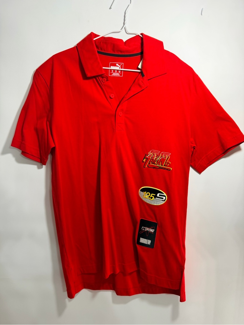 Puma Red Short-Sleeve Polo with Embroidered Patch Accents